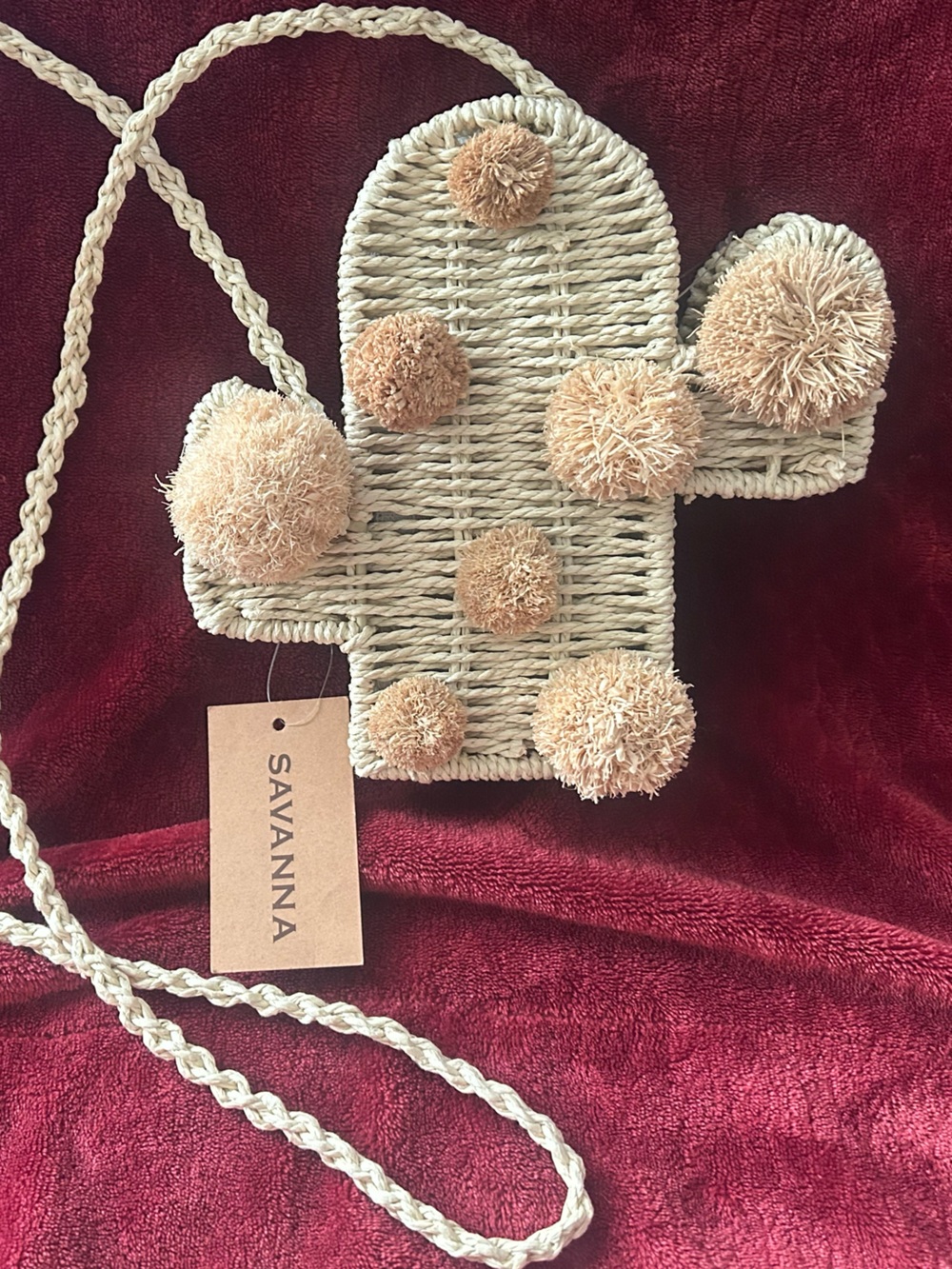 Savanna Rattan Unique Cactus 
Shaped Crossbody Handbag with Pom Poms